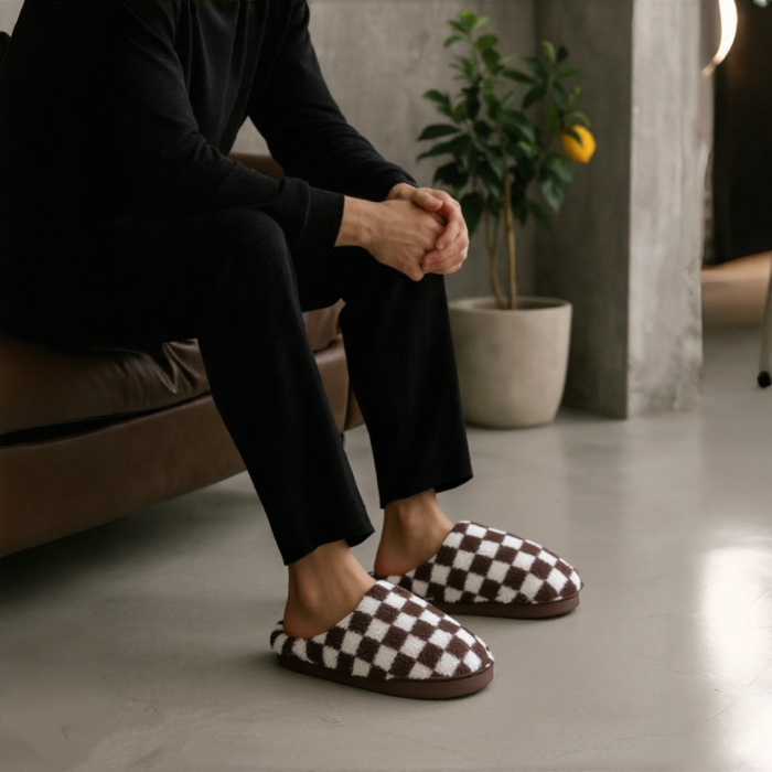 Papuci de casa pufosi, model in carouri D307maro [2]