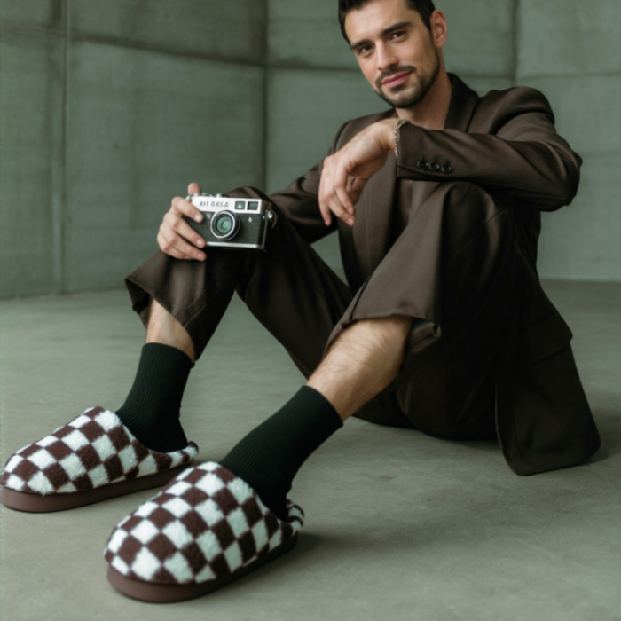 Papuci de casa pufosi, model in carouri D307maro [3]