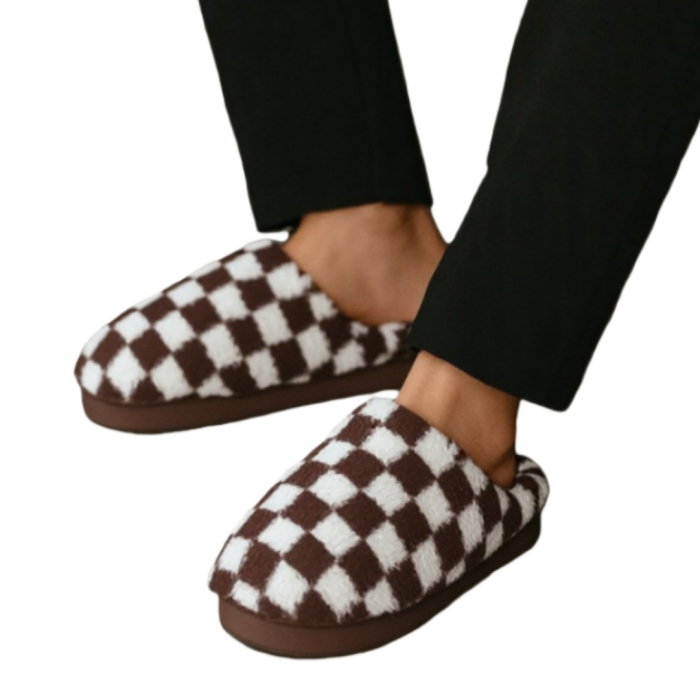 Papuci de casa pufosi, model in carouri D307maro [6]