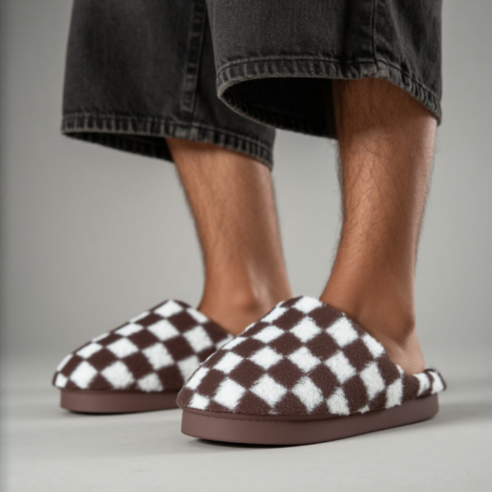 Papuci de casa pufosi, model in carouri D307maro [4]