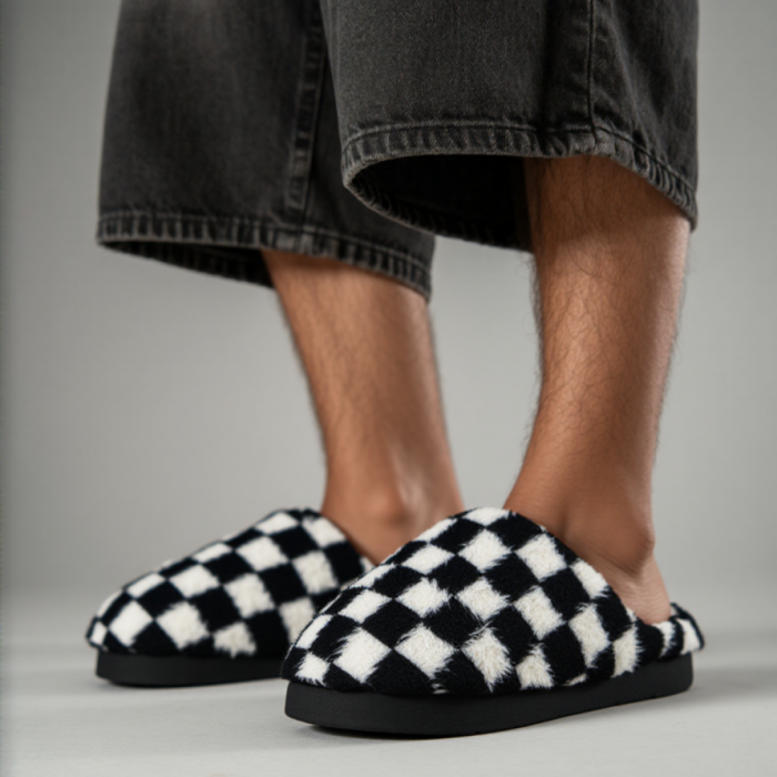 Papuci de casa pufosi, model in carouri D307negru [5]