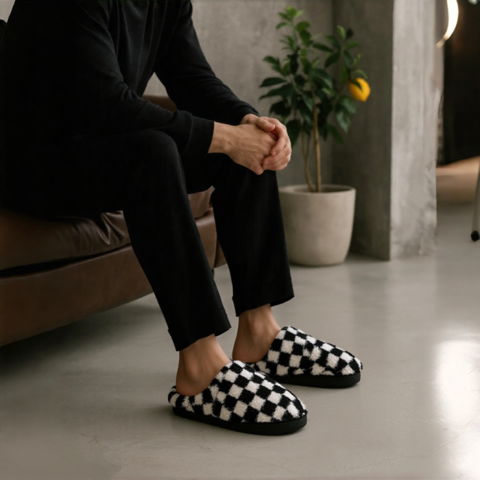 Papuci de casa pufosi, model in carouri D307negru [2]