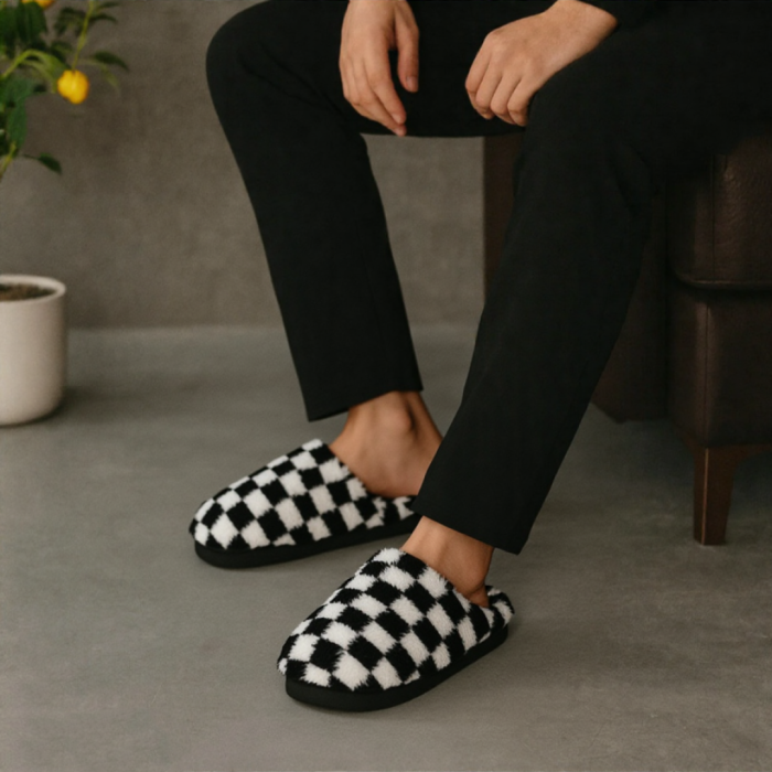Papuci de casa pufosi, model in carouri D307negru [1]