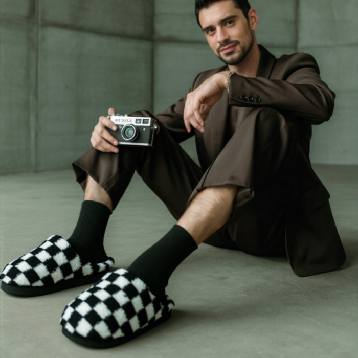 Papuci de casa pufosi, model in carouri D307negru [4]