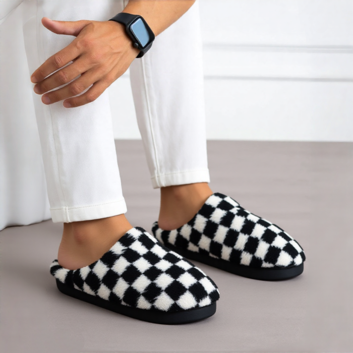 Papuci de casa pufosi, model in carouri D307negru [3]