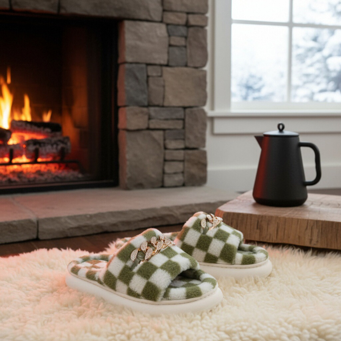 Papuci de casa pufosi, model in carouri H15verde [11]