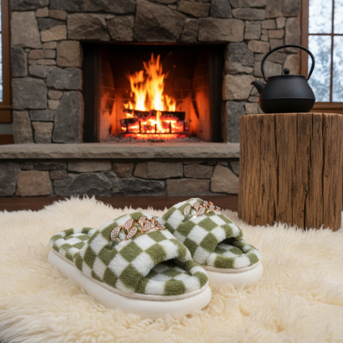 Papuci de casa pufosi, model in carouri H15verde [10]