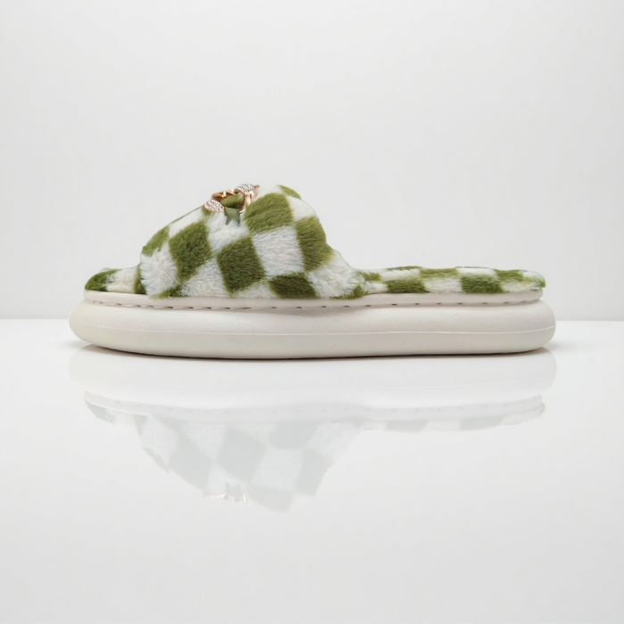 Papuci de casa pufosi, model in carouri H15verde [3]