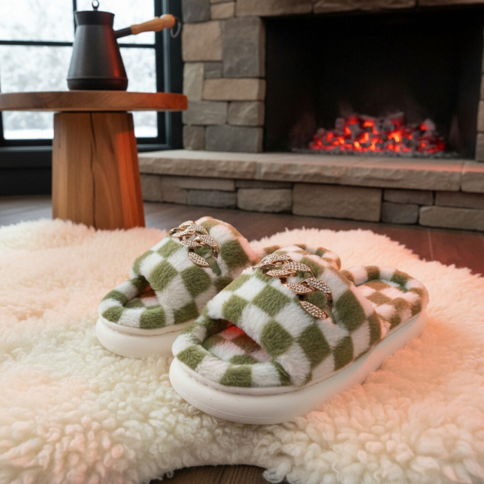 Papuci de casa pufosi, model in carouri H15verde [12]