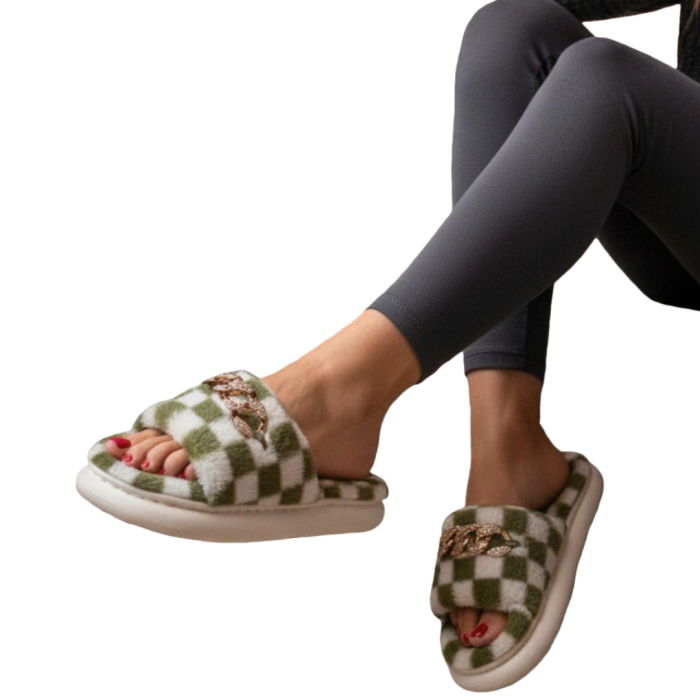 Papuci de casa pufosi, model in carouri H15verde [2]