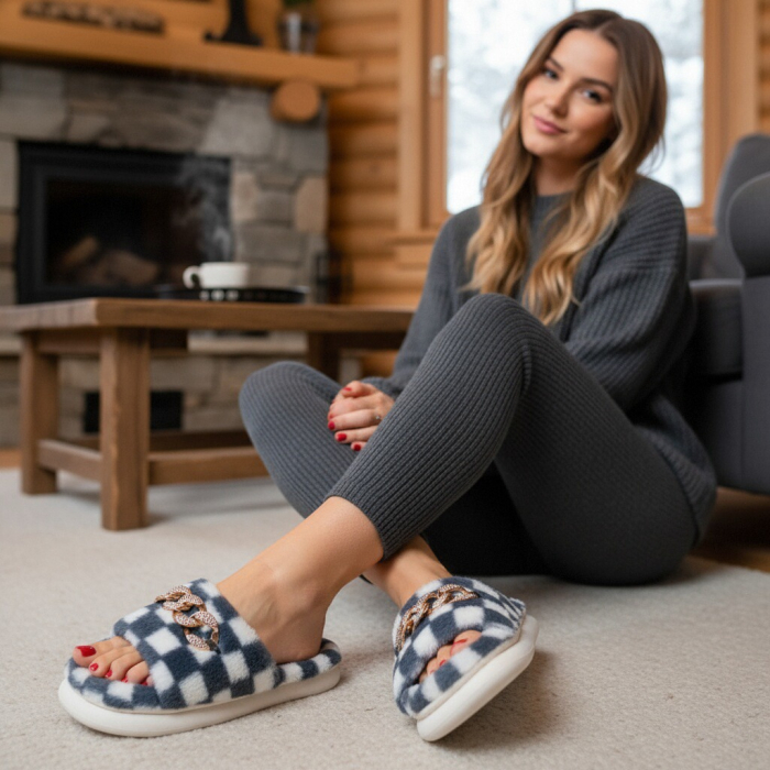 Papuci de casa pufosi, model in carouri H15gri albastrui [3]