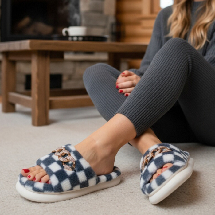 Papuci de casa pufosi, model in carouri H15gri albastrui [8]