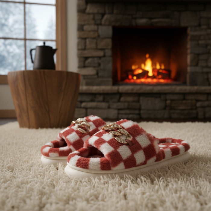 Papuci de casa pufosi, model in carouri H15roz [6]