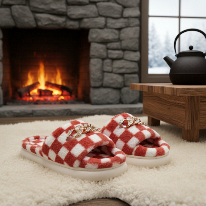 Papuci de casa pufosi, model in carouri H15roz [8]