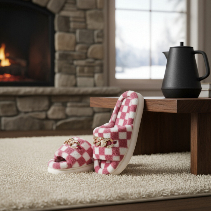 Papuci de casa pufosi, model in carouri H15mov [9]