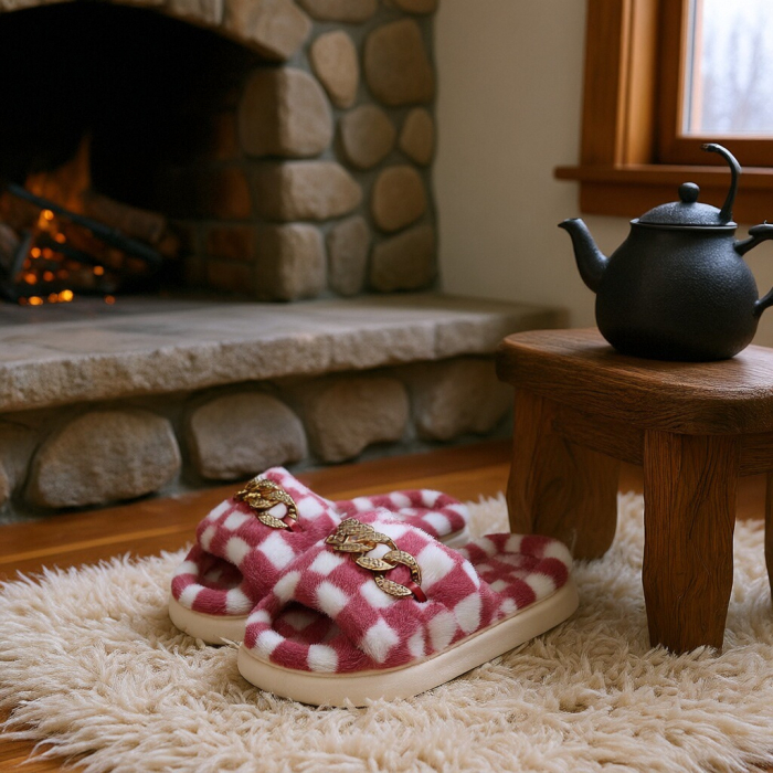 Papuci de casa pufosi, model in carouri H15mov [7]