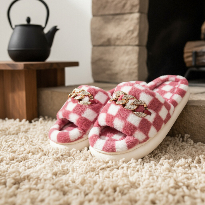 Papuci de casa pufosi, model in carouri H15mov [8]