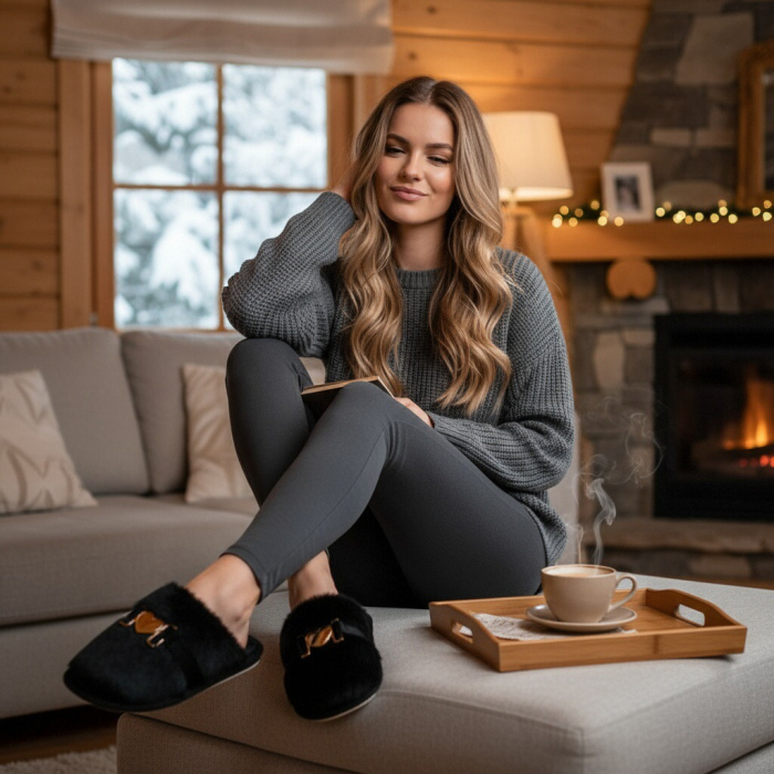 Papuci de casa pufosi WF910negru [9]