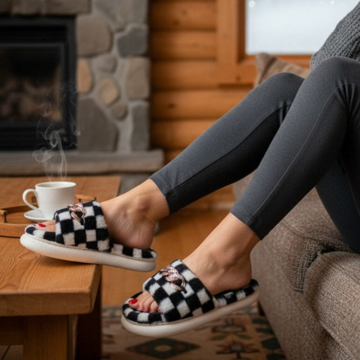 Papuci de casa pufosi, model in carouri H15negru [1]