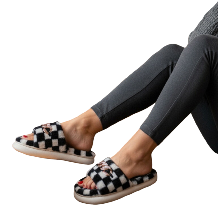 Papuci de casa pufosi, model in carouri H15negru [2]