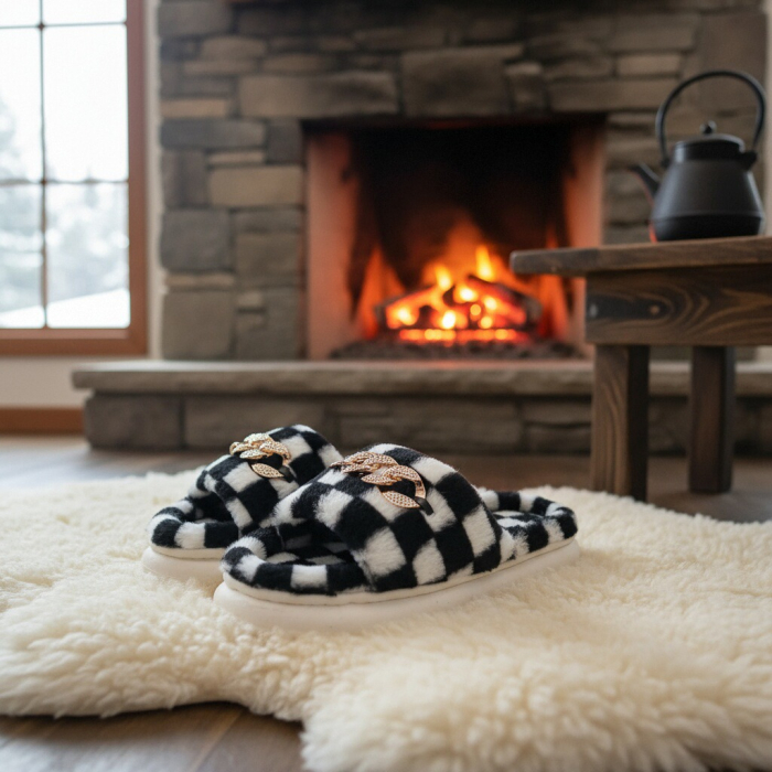 Papuci de casa pufosi, model in carouri H15negru [12]