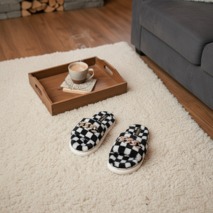 Papuci de casa pufosi, model in carouri H15negru [8]