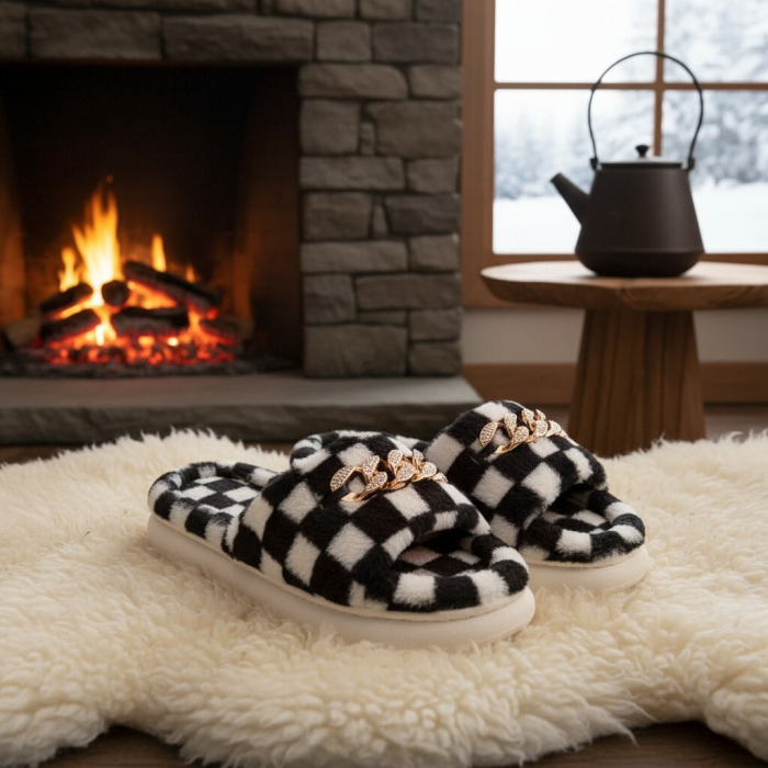 Papuci de casa pufosi, model in carouri H15negru [11]