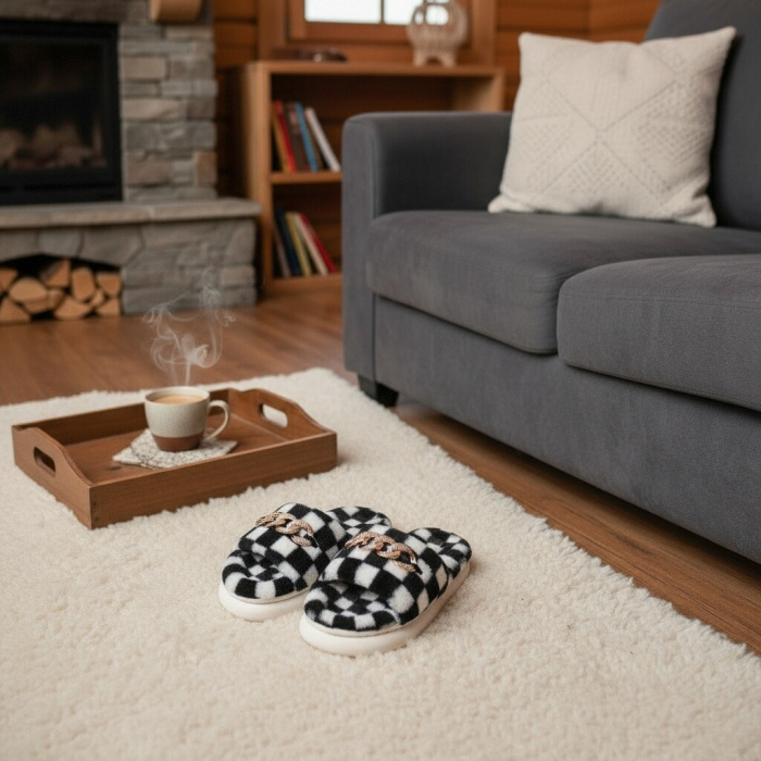 Papuci de casa pufosi, model in carouri H15negru [9]