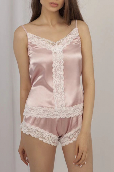 Set pijama doua piese cu insertii dantela, maiou si pantaloni scurti S-21roz deschis [3]