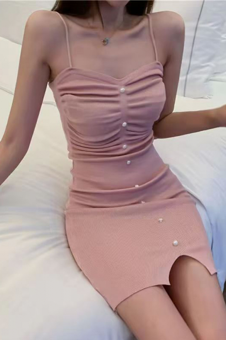 Rochie tricotata de vara cu butoni decorativi XPX-4109roz [3]
