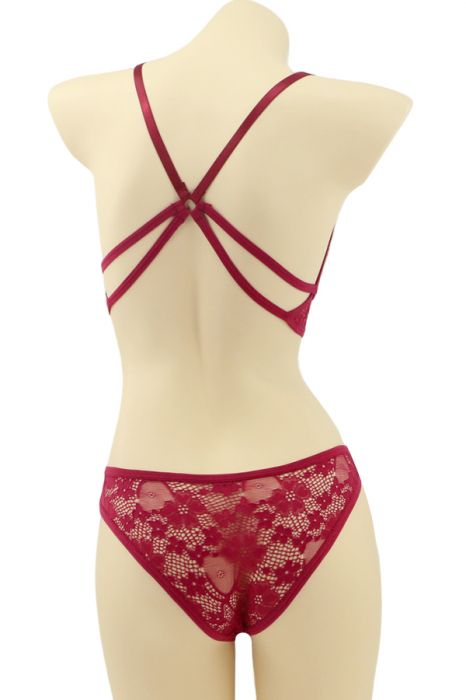 Set 2 piese lenjerie intima cu dantela, top si chiloti brazilieni MG-7308visiniu [2]