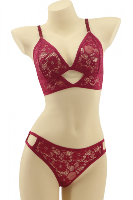 Set 2 piese lenjerie intima cu dantela, top si chiloti brazilieni MG-7308visiniu [1]