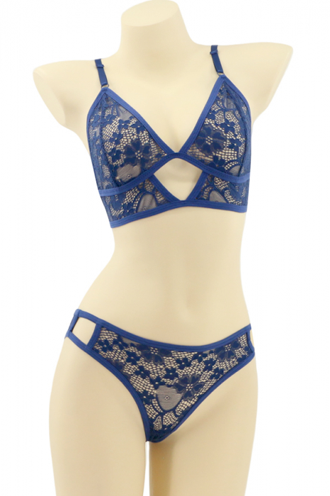 Set 2 piese lenjerie intima cu dantela, top si chiloti brazilieni MG-7308bleumarin [1]