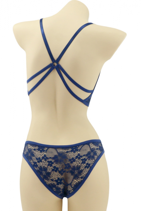 Set 2 piese lenjerie intima cu dantela, top si chiloti brazilieni MG-7308bleumarin [2]