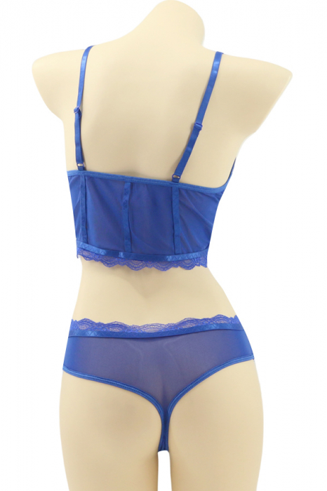 Set 2 piese lenjerie intima cu dantela, top si chiloti tanga MG-8576albastru inchis [2]