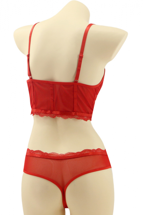 Set 2 piese lenjerie intima cu dantela, top si chiloti tanga MG-8576rosu [2]
