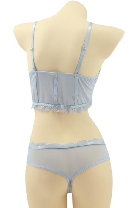 Set 2 piese lenjerie intima cu dantela, top si chiloti tanga MG-8576albastru deschis [2]