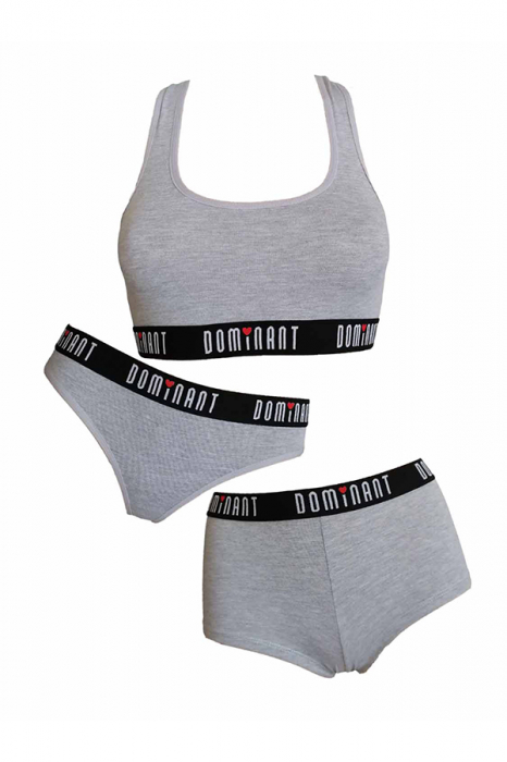 Set 3 piese lenjerie intima, bustiera, boxeri si chiloti tanga 95000gri deschis [4]