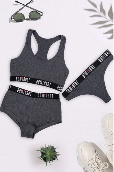 Set 3 piese lenjerie intima, bustiera, boxeri si chiloti tanga 95000gri inchis [2]
