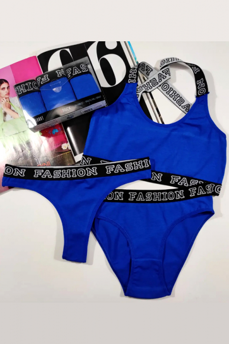 Set 3 piese lenjerie intima, bustiera, chiloti clasici si chiloti tanga 95000-7albastru [2]