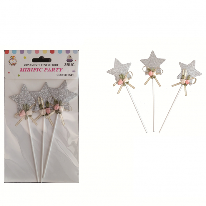 Set 3 decoratiuni pentru tort ' Stelute accesorizate cu flori ' QT9541 [2]