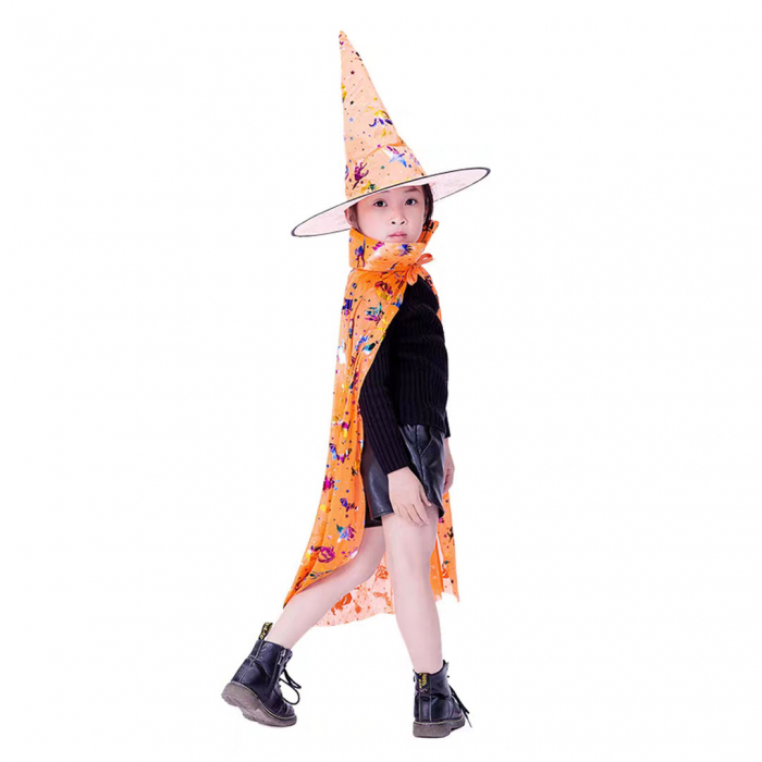 Set costum pentru Halloween 2-in-1, Pelerina si palarie MAS-205portocaliu [4]