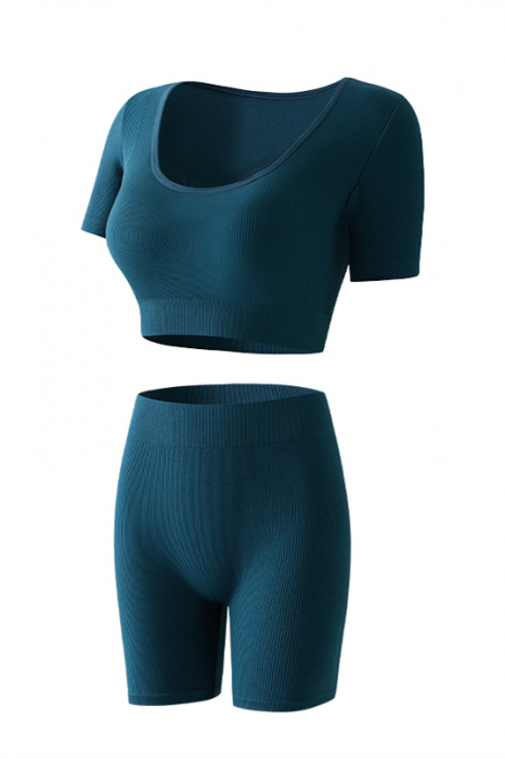Set fitness 2 piese, top cu maneca scurta si colanti scurti XXP-8910albastru [3]