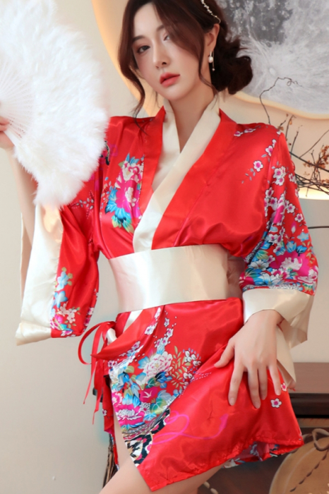 Set lenjerie erotica, kimono sexy japonez, cordon si chiloti tanga YML-1306rosu [7]