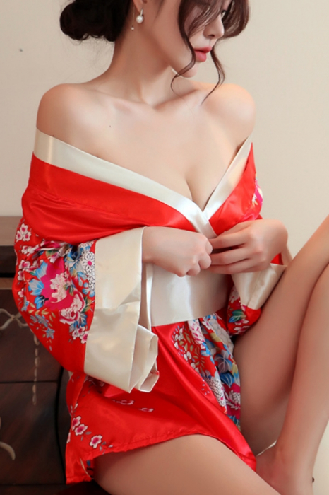 Set lenjerie erotica, kimono sexy japonez, cordon si chiloti tanga YML-1306rosu [5]
