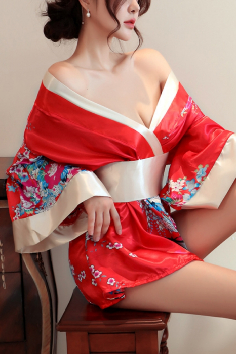 Set lenjerie erotica, kimono sexy japonez, cordon si chiloti tanga YML-1306rosu [4]