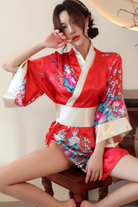Set lenjerie erotica, kimono sexy japonez, cordon si chiloti tanga YML-1306rosu [3]