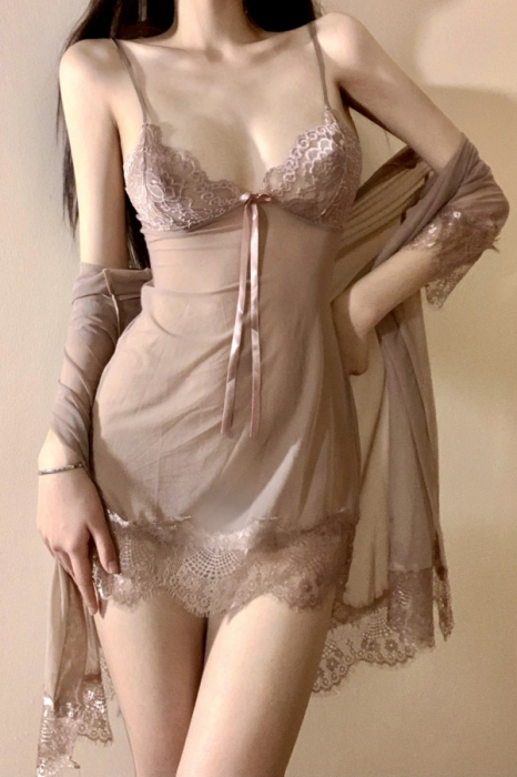 Set lenjerie erotica, camasa de noapte, halat si chiloti tanga YCFS-1442maro [6]