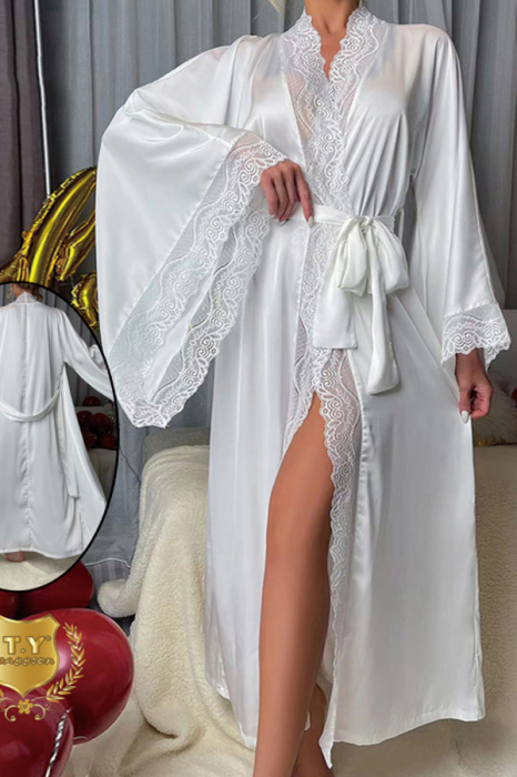 Set pijama sexy, halat din satin fin cu insertii dantela, cordon si chiloti tanga TY-015alb [2]