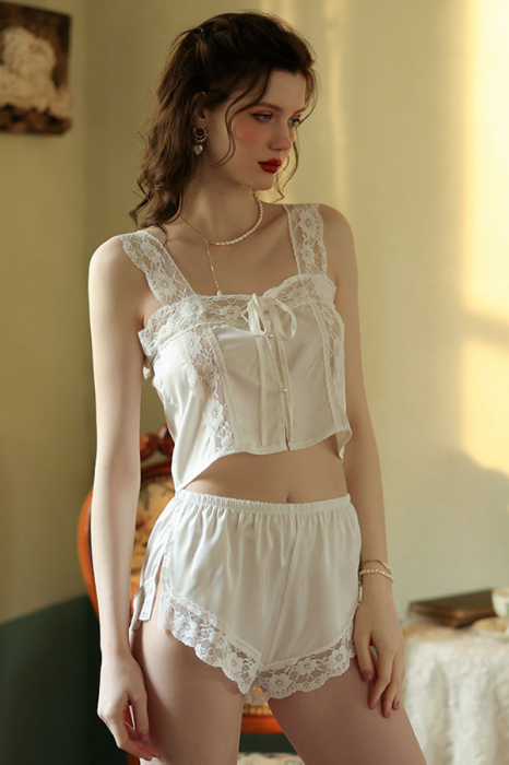 Set lenjerie erotica, cu accente de dantela, crop sexy si pantaloni scurti YCFS-2248alb [2]